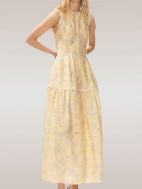 H&M Edition Butter Yellow Floral Midi Dress Stunning Minimalist Summer Elegance